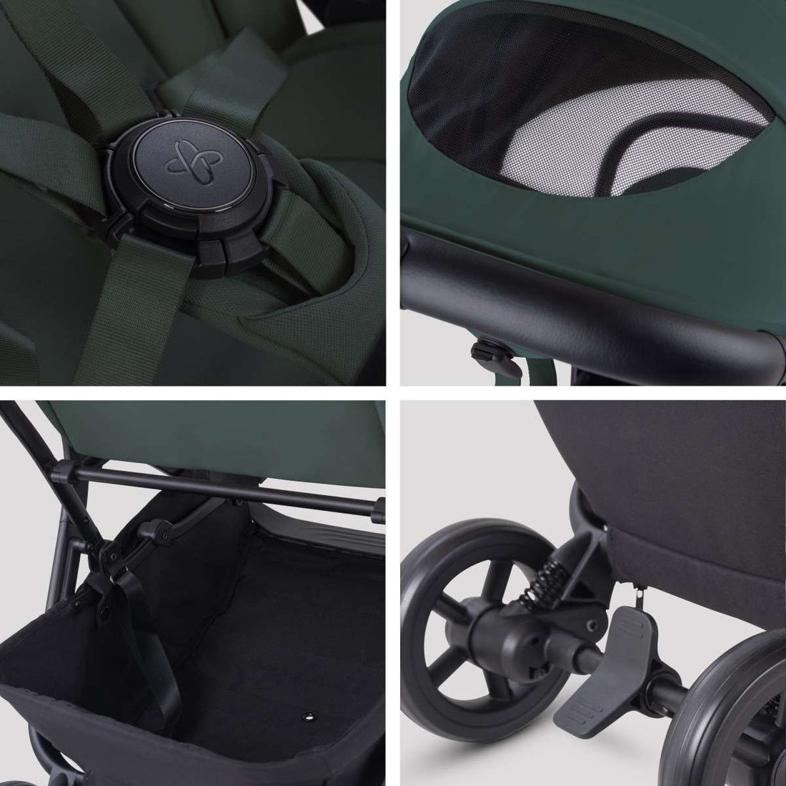 Four-part grid showing close-up details of a dark green stroller: the harness buckle, mesh canopy window, storage basket, and rear wheel with brake.