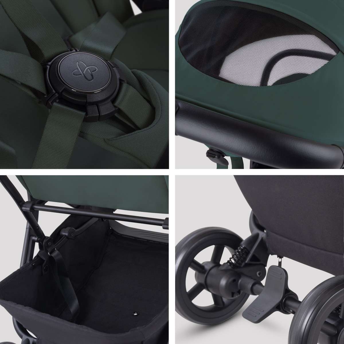 Four-part grid showing close-up details of a dark green stroller: the harness buckle, mesh canopy window, storage basket, and rear wheel with brake.