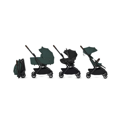 Four side-profile configurations of a dark green travel stroller: compactly folded, equipped with a bassinet, holding an infant car seat, and fully open.