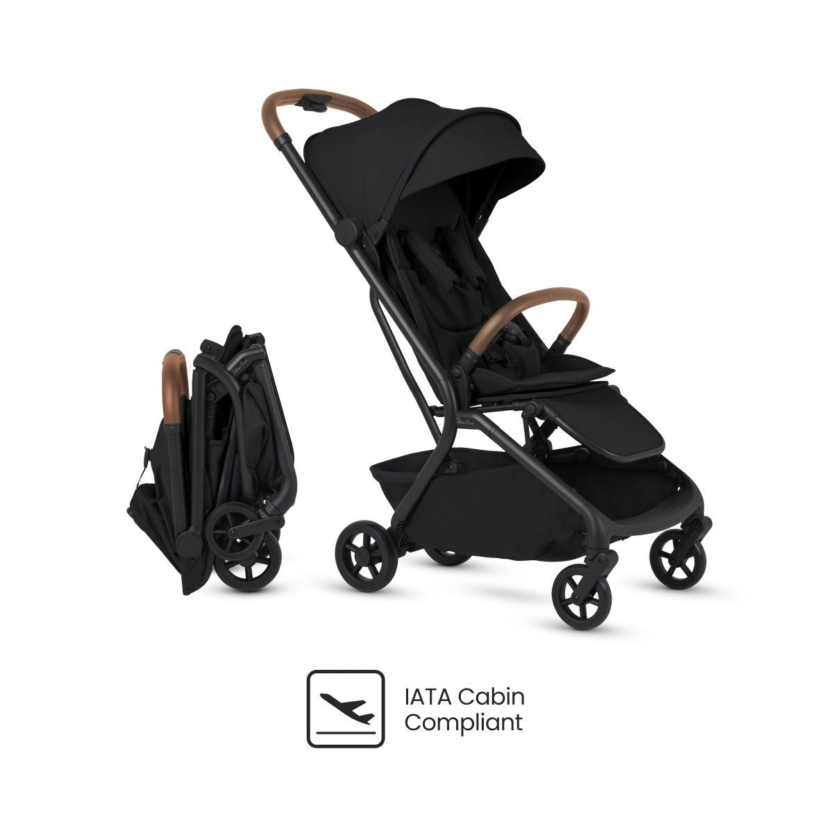 Black travel stroller with tan handles shown both open and compactly folded above an "IATA Cabin Compliant" logo.