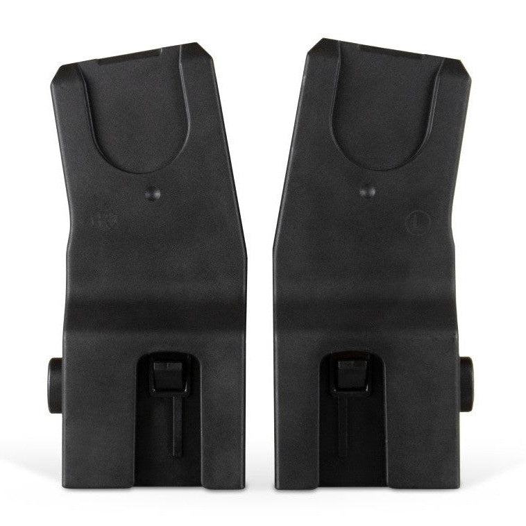 
A pair of black plastic car seat adapters for a stroller, labeled right and left.
