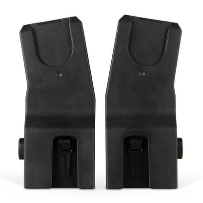 
A pair of black plastic car seat adapters for a stroller, labeled right and left.