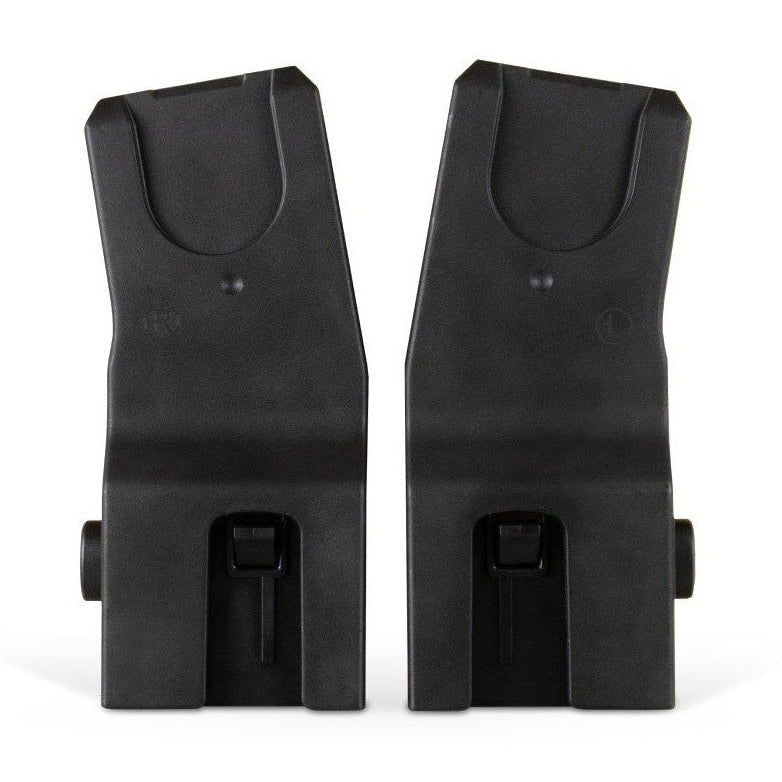 A pair of black plastic car seat adapters for a stroller, labeled right and left.
