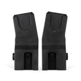 A pair of black plastic car seat adapters for a stroller, labeled right and left.