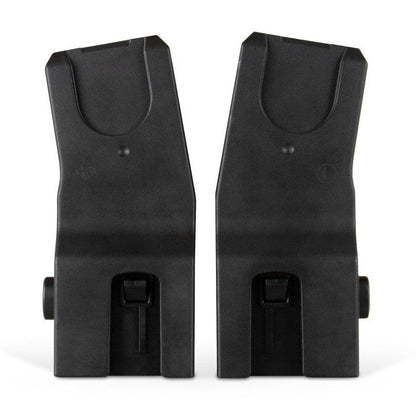 A pair of black plastic car seat adapters for a stroller, labeled right and left.