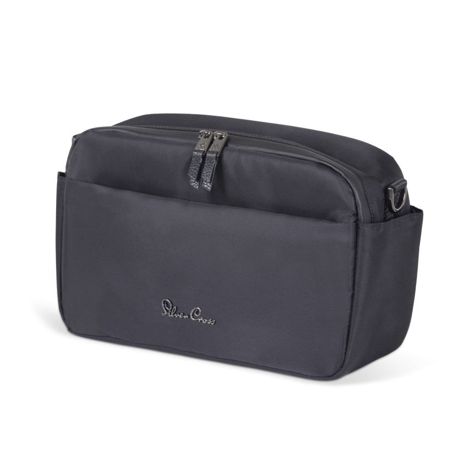 A sleek black zippered stroller organizer bag with a silver logo on the front.