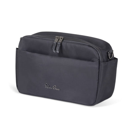 A sleek black zippered stroller organizer bag with a silver logo on the front.