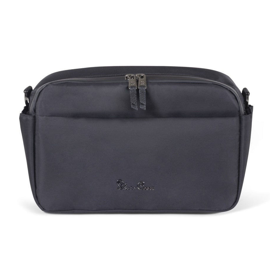 A front view of a black zippered stroller organizer bag with a small metallic logo.