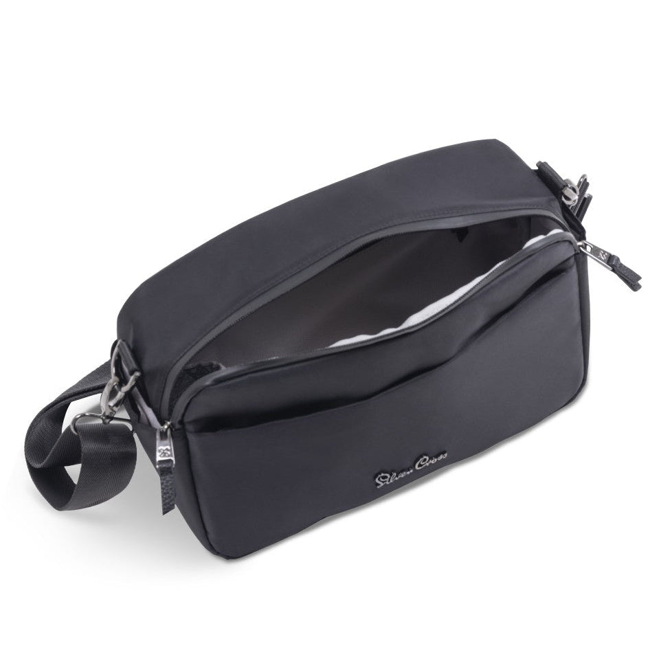 An open black zippered stroller organizer bag showing a glimpse of white contents inside.