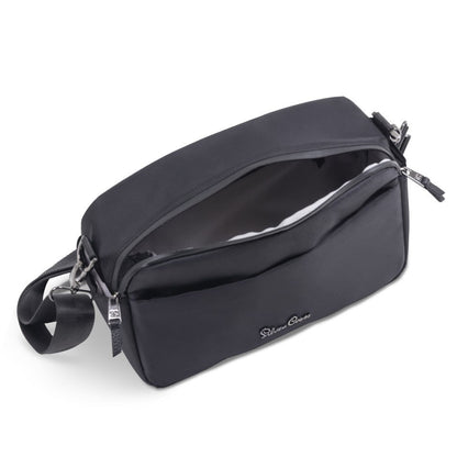 An open black zippered stroller organizer bag showing a glimpse of white contents inside.