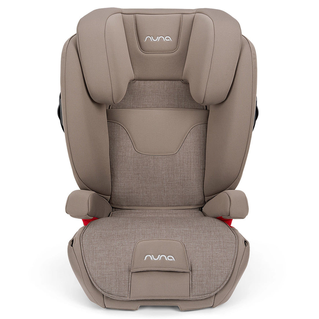 
Taupe Nuna booster car seat with padded headrest and armrests.