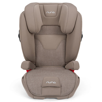 
Taupe Nuna booster car seat with padded headrest and armrests.
