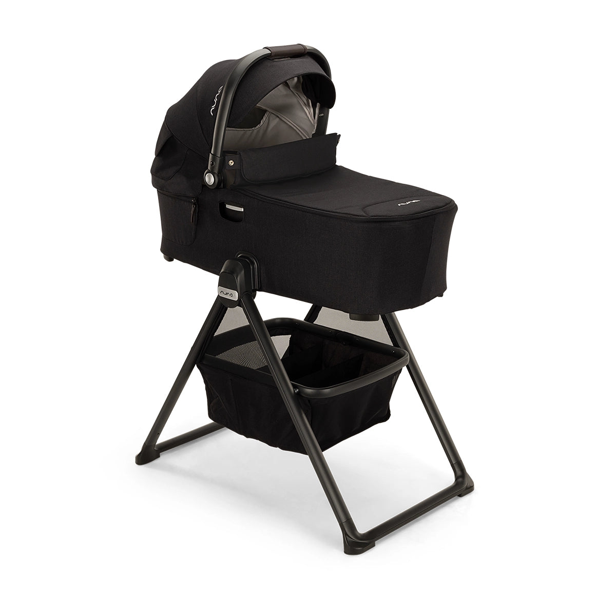 Nuna Demi Series Bassinet on Stand Product Hero Image in Chocolate Caviar