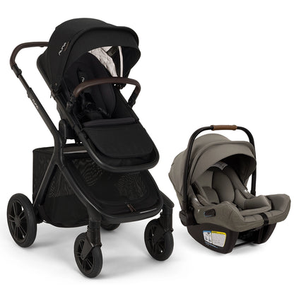 
Black Nuna stroller with a grey infant car seat.