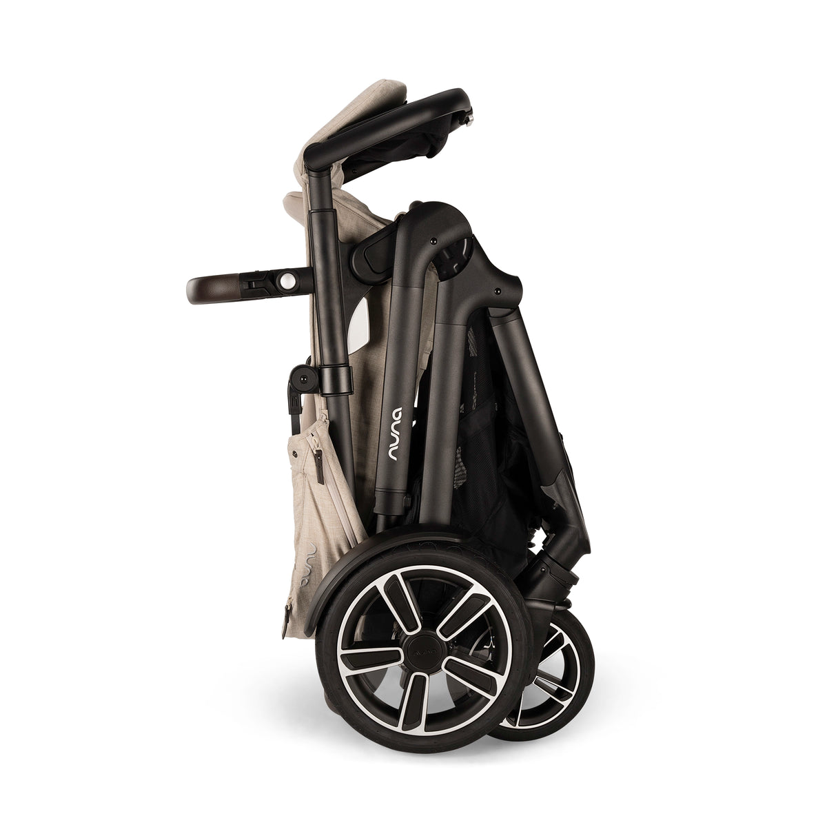
Folded stroller with 'Nuna' branding on a white background