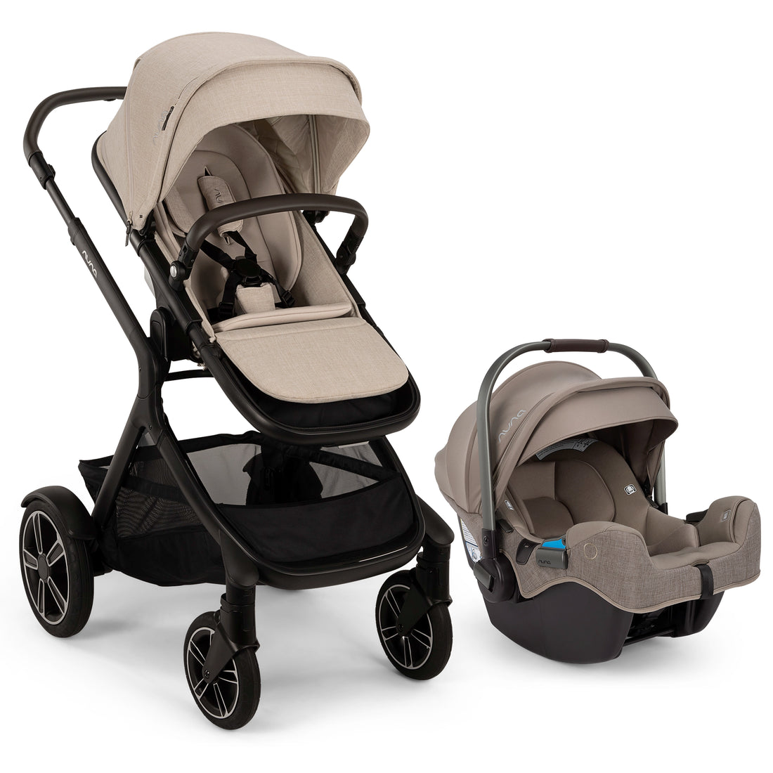 
A stroller and infant car seat travel system shown on a clean white background. The stroller has a black frame and a light beige/tan fabric seat and canopy, while the matching car seat has a gray-beige interior and a dark base.