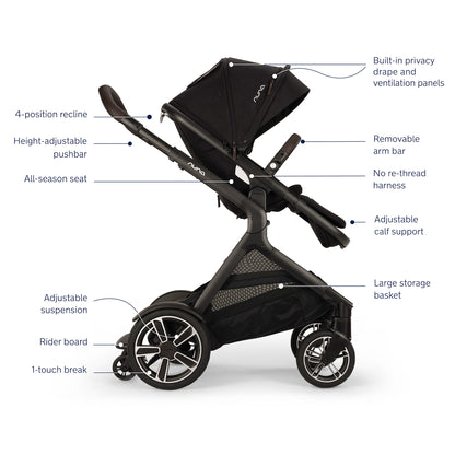 
Chocolate Caviar Demi Next Nuna stroller shown with multiple callout lines and labels explaining features such as recline positions, suspension, storage basket, and seat options.