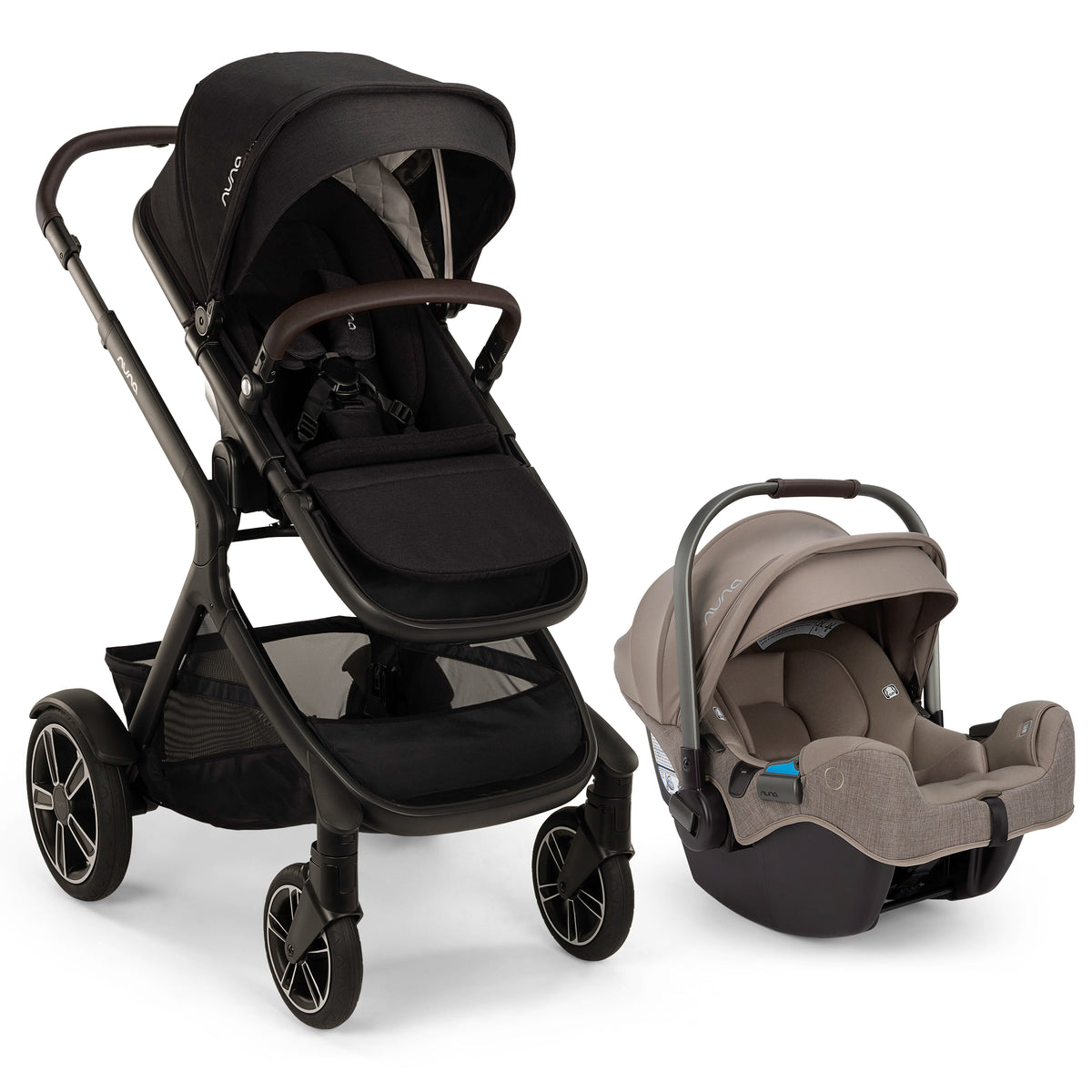 
A stroller and infant car seat travel system shown on a clean white background. The stroller is black with dark gray and brown accents, and the matching infant car seat is in taupe and black.