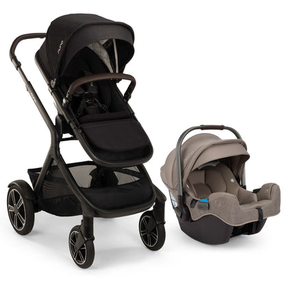 
A stroller and infant car seat travel system shown on a clean white background. The stroller is black with dark gray and brown accents, and the matching infant car seat is in taupe and black.