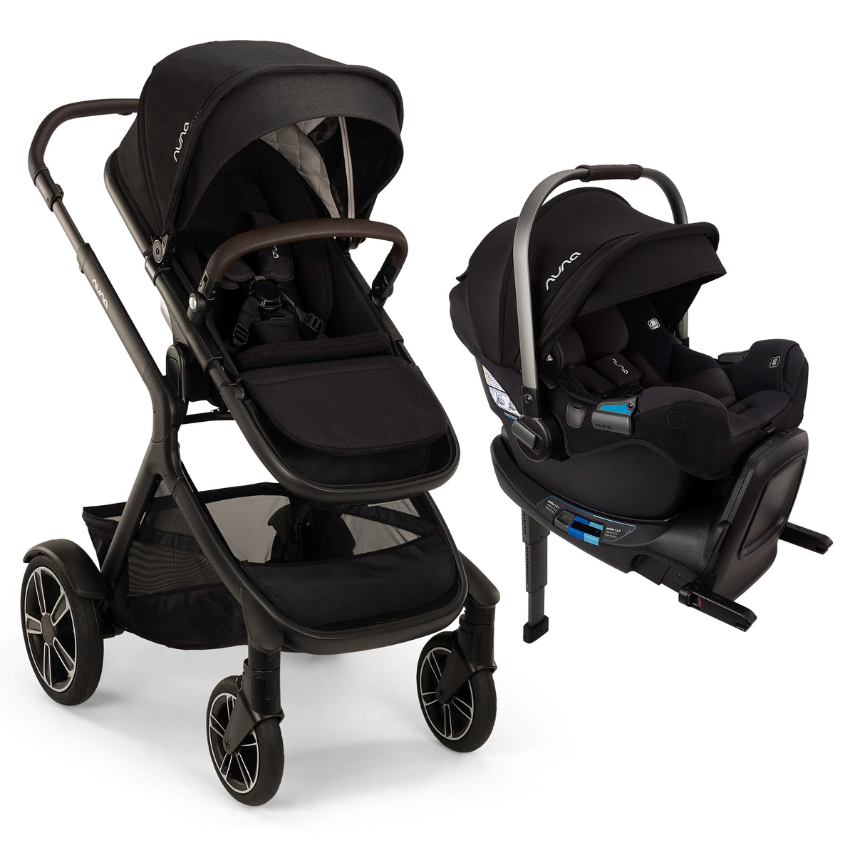 
A black and dark gray PivO stroller and matching infant car seat travel system, shown on a clean white background with the stroller assembled on the left and the car seat on the right.