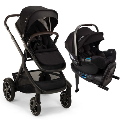 
A black and dark gray PivO stroller and matching infant car seat travel system, shown on a clean white background with the stroller assembled on the left and the car seat on the right.