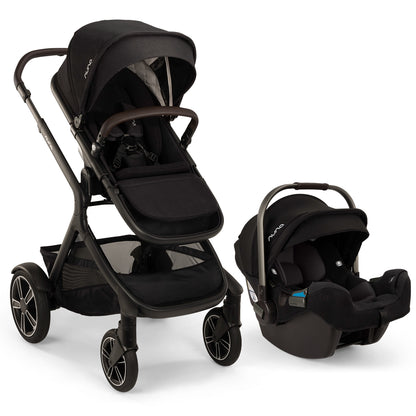 
A Pivotal baby stroller and matching infant car seat in dark gray and black, shown on a clean white background.