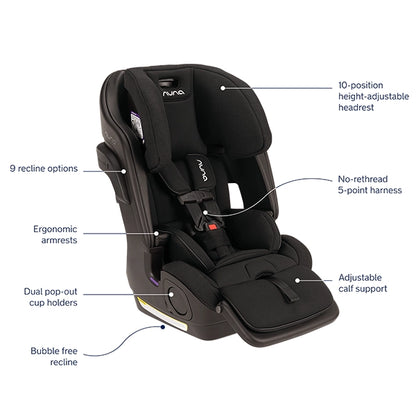 Nuna LUMN Harness Booster Car Seat in Caviar Product Image with Detail Callouts