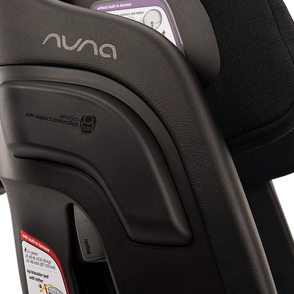 Nuna LUMN Harness Booster Car Seat in Caviar Detailed Image of Side Impact Protection and Nuna Logo