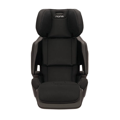 Nuna LUMN Harness Booster Car Seat in Caviar Front View with No Harness and Cup Holders Tucked