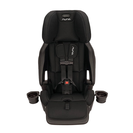 Nuna LUMN Harness Booster Car Seat in Caviar Front View with Pop-out Cup Holders and Harness