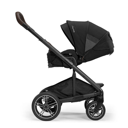 
Nuna Mixx stroller in newborn transport mode with rear facing seat that's reclined with mesh ventilated canopy for breathability product image