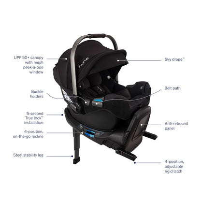 
Diagram of a black car seat with labeled features on a white background