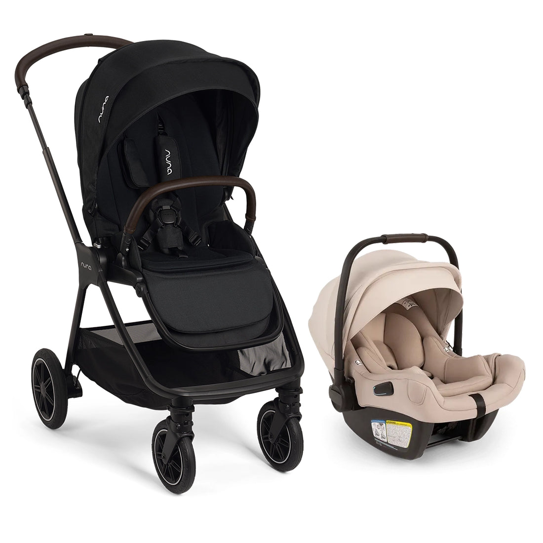 
Black stroller and beige car seat on a white background