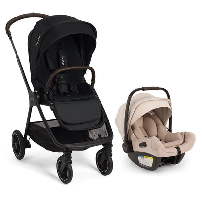 
Black stroller and beige car seat on a white background