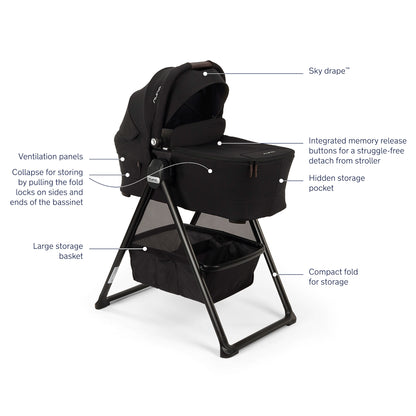 
Nuna Bassinet for Swiv and Triv Series strollers with product highlights