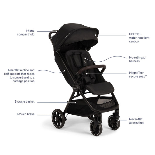 [Caviar/Chocolate] Black stroller diagram highlighting key product features with text callouts, isolated on a white background.
