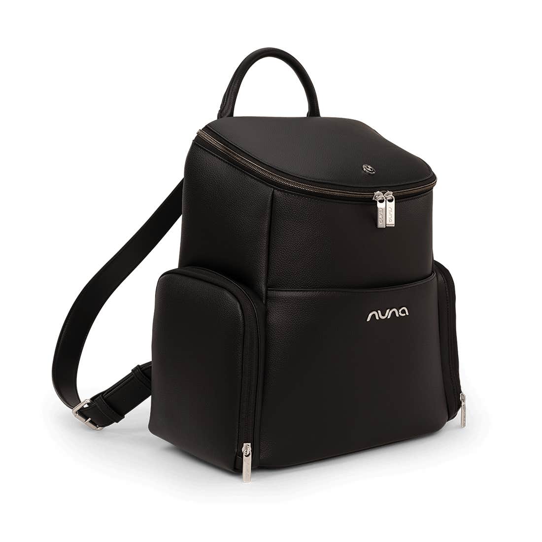 
Black backpack with visible brand logo on a white background