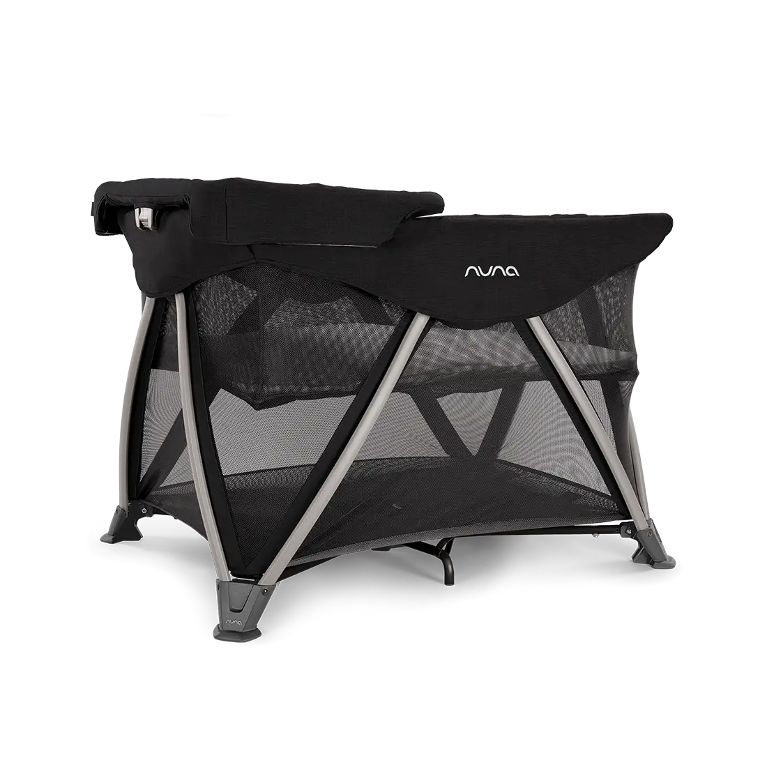 
Black and gray portable crib with Nuna logo on a white background