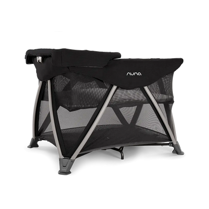 
Black and gray portable crib with Nuna logo on a white background
