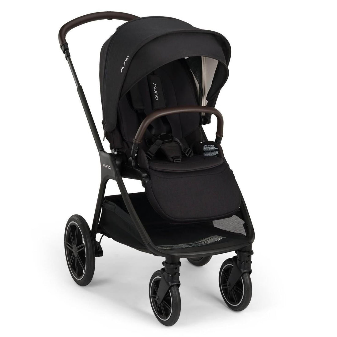 A modern black baby stroller with leatherette accents, a sun canopy, and a bottom storage basket, isolated on a white background.