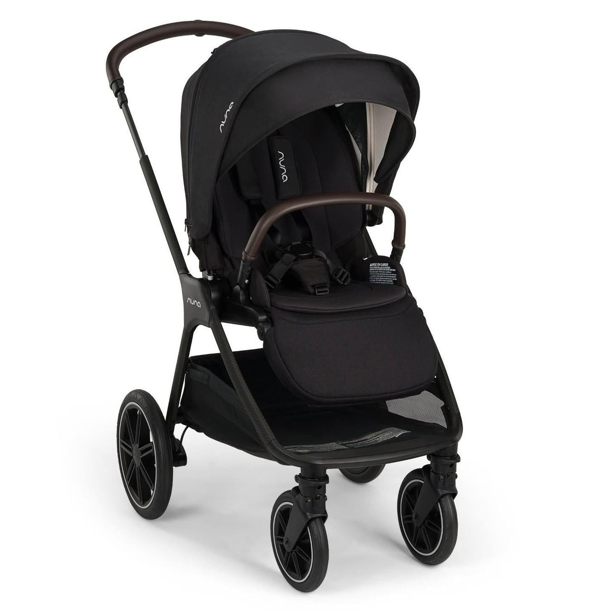 A modern black baby stroller with leatherette accents, a sun canopy, and a bottom storage basket, isolated on a white background.