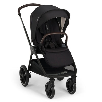 A modern black baby stroller with leatherette accents, a sun canopy, and a bottom storage basket, isolated on a white background.