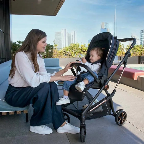Peg Perego Vivace Lightweight Stroller in Blue Shine Lifestyle Image with Forward Facing Seat