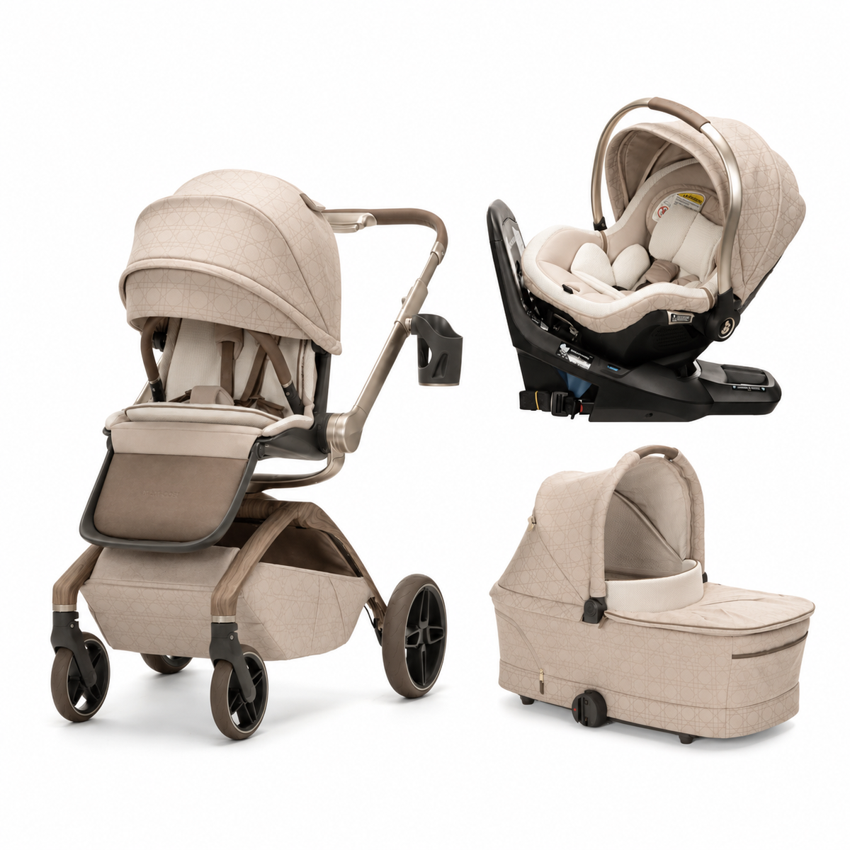 
A multi-configuration baby travel system set on a white background, featuring a stroller, infant car seat, bassinet, and a matching carrycot in a coordinated beige and taupe fabric colorway.