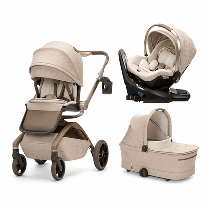 
A multi-configuration baby travel system set on a white background, featuring a stroller, infant car seat, bassinet, and a matching carrycot in a coordinated beige and taupe fabric colorway.