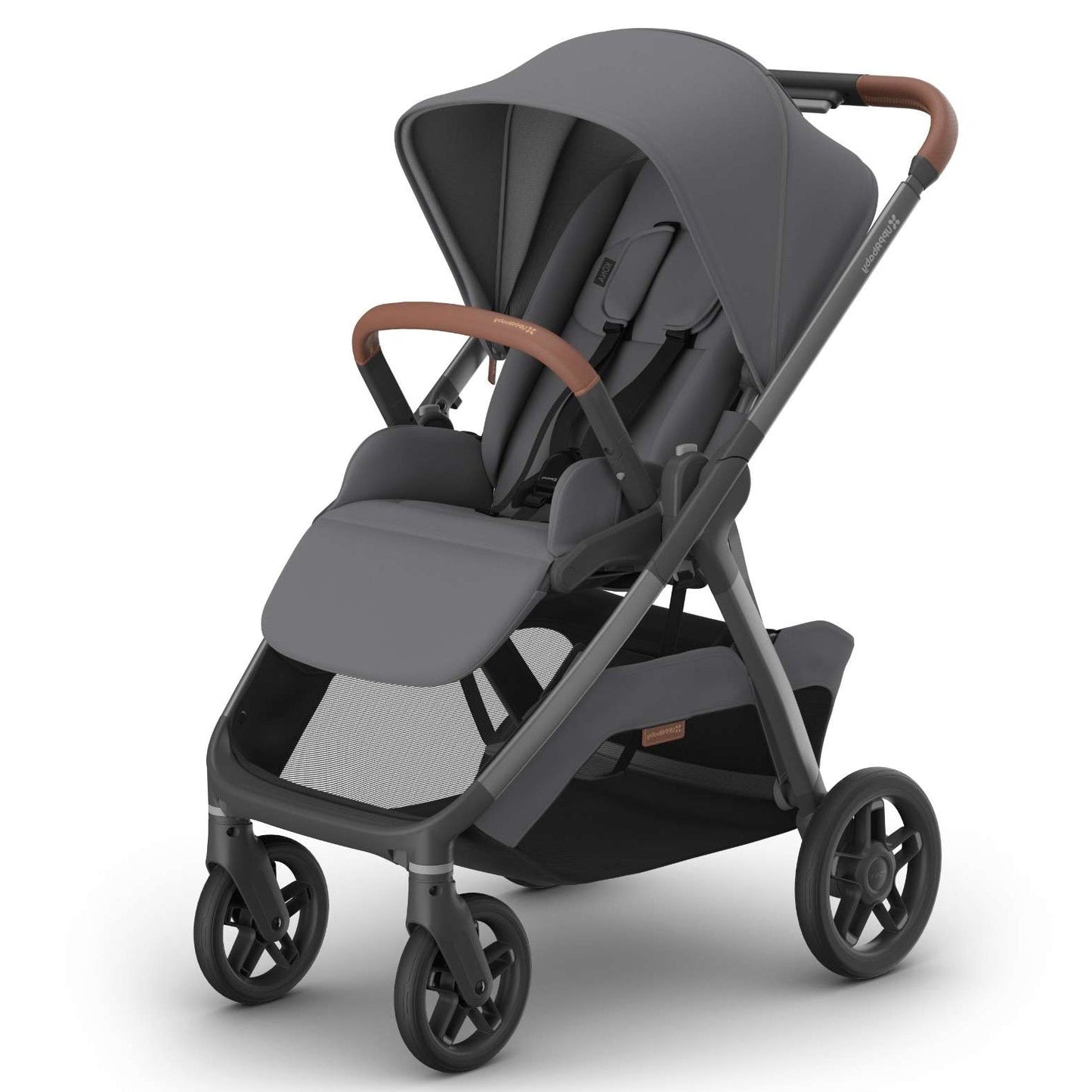A modern stroller in dark gray fabric with brown leather-look handlebar grips and a dark gray frame, shown at a three-quarter angle on a clean white background.
