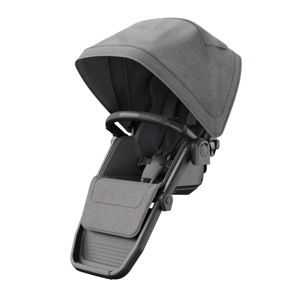 Gray swithback stroller seat with canopy on a white background