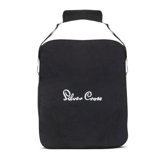 A black fabric travel bag featuring a white script logo and a top carrying handle.