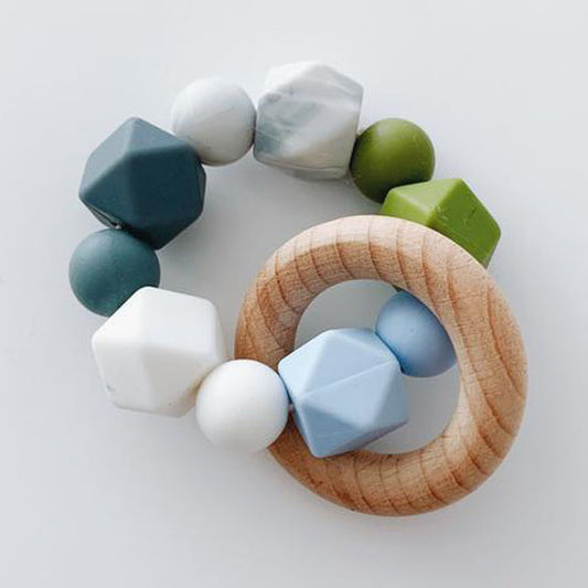 Sugar + Maple Silicone with Beechwood Teether - Multi Color Blue