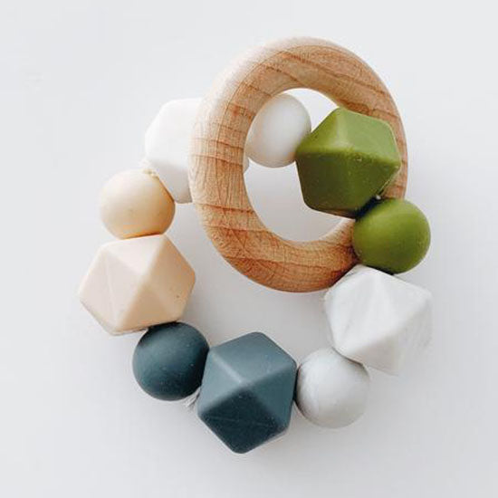 
Sugar + Maple Silicone with Beechwood Teether - Multi Color Grey